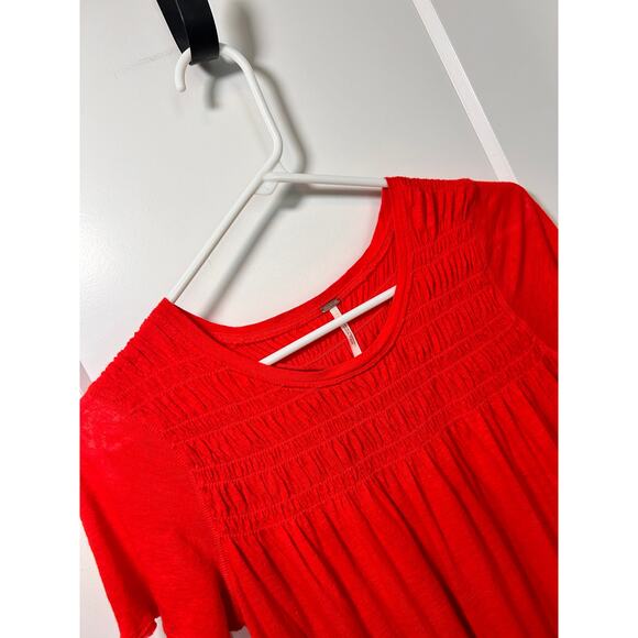Free People Women's Linen Blend Smocked Dani Tee T Shirt Top Red Size XS‎ - Picture 5 of 12